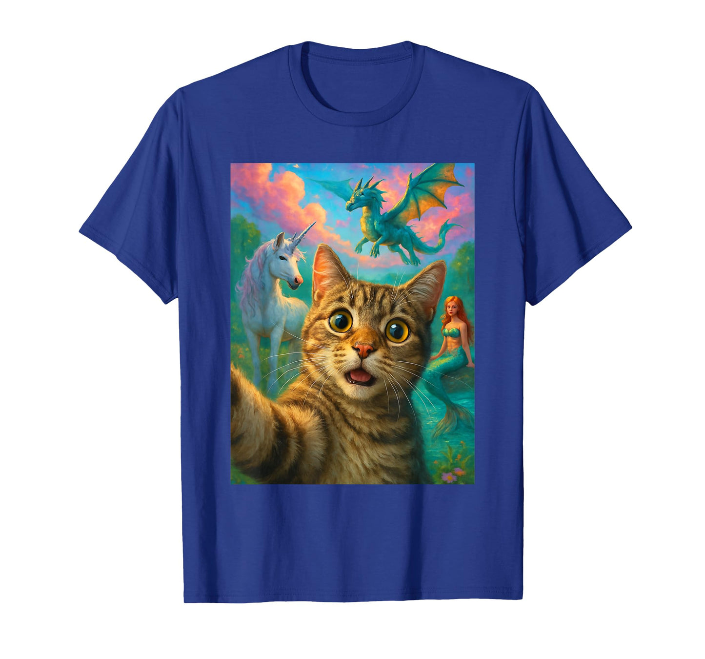 Cat Selfie with Mermaid Unicorn & Dragon Funny Meme T-Shirt