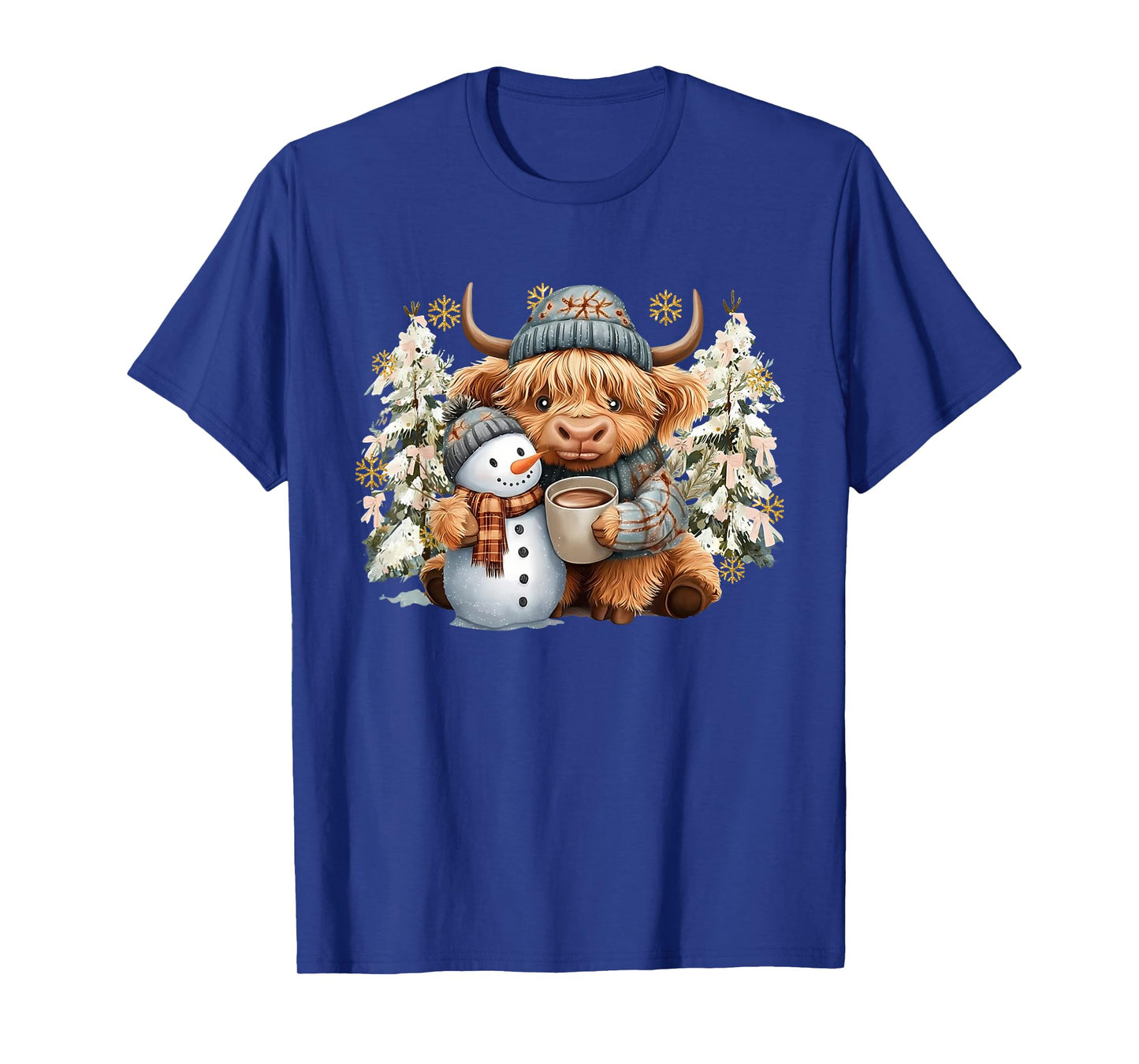 Cute Highland Cow with Snowman Hot Cocoa Christmas Trees T-Shirt