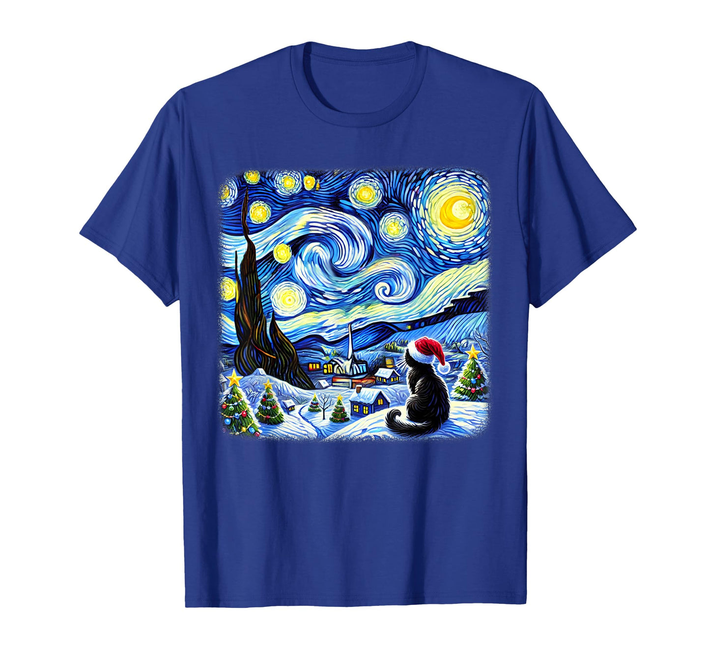 Christmas Van Gogh Starry Night Black Cat Santa Hat Xmas T-Shirt