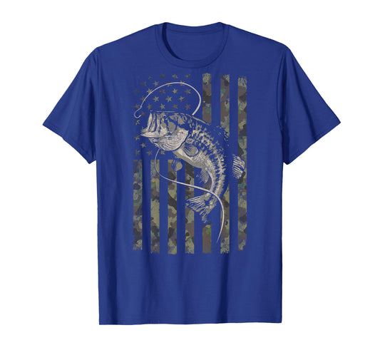 Fishing Camo American Flag Bass Fish (Design on Back) T-Shirt