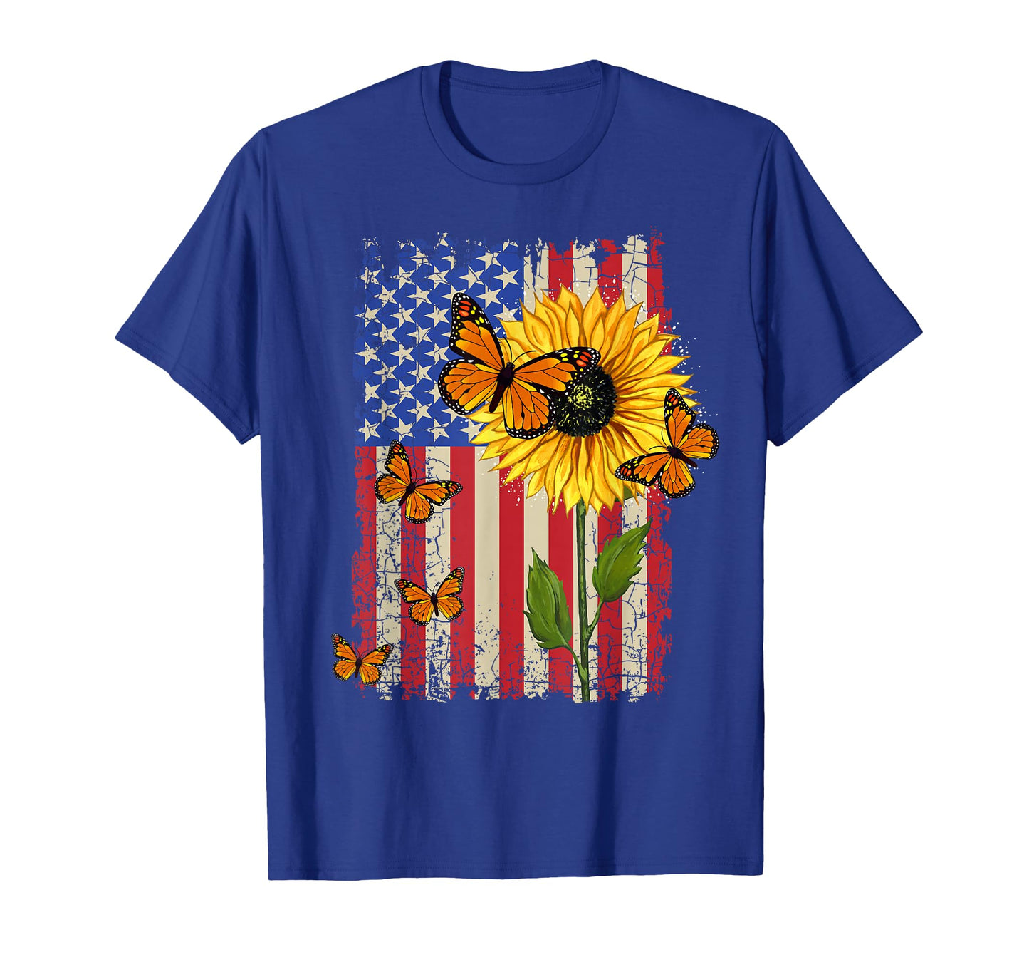 Sunflower Monarch Butterflies Patriotic American Flag Womens T-Shirt