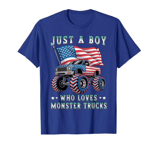 Just A Boy Who Loves Monster Trucks American Flag Kids Boys T-Shirt