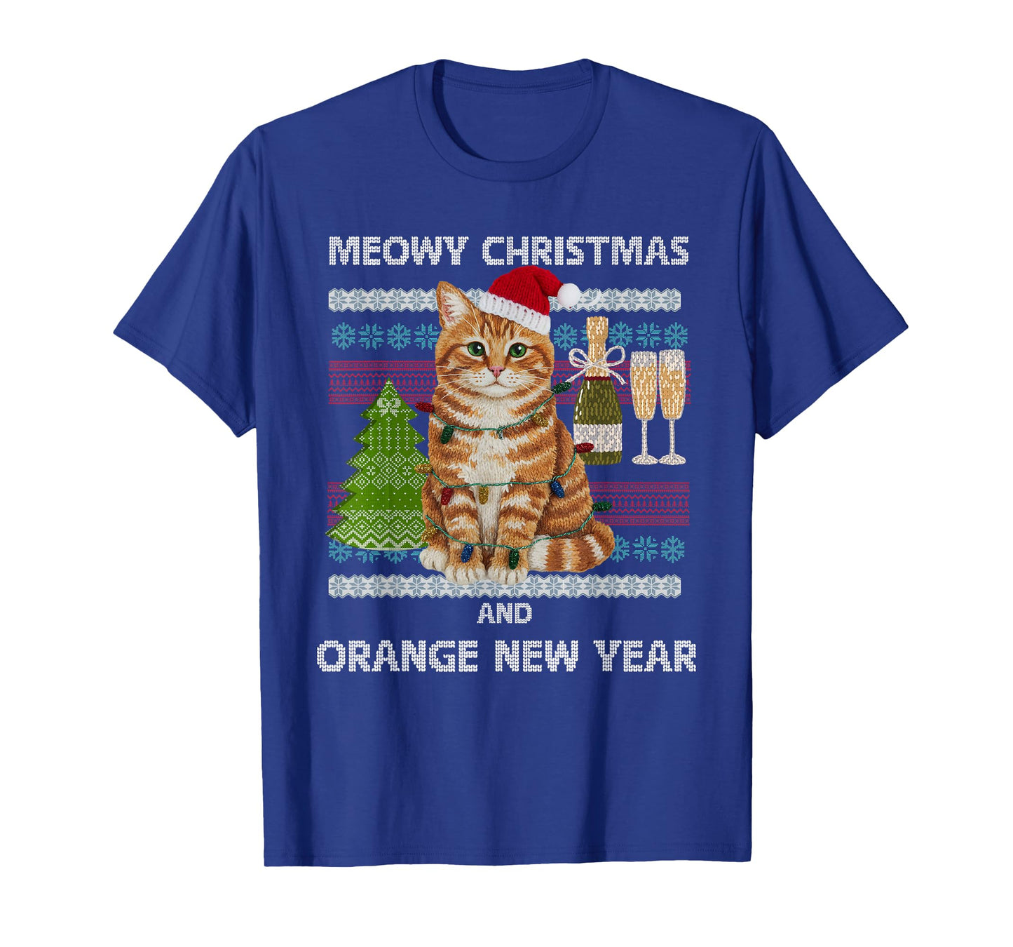 Meowy Christmas Funny Orange Cat Santa Hat Ugly Sweater T-Shirt