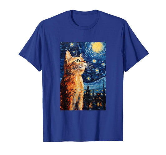Cute Cat - Van Gogh Style - Starry Night T-Shirt for Men Women Girls Kids