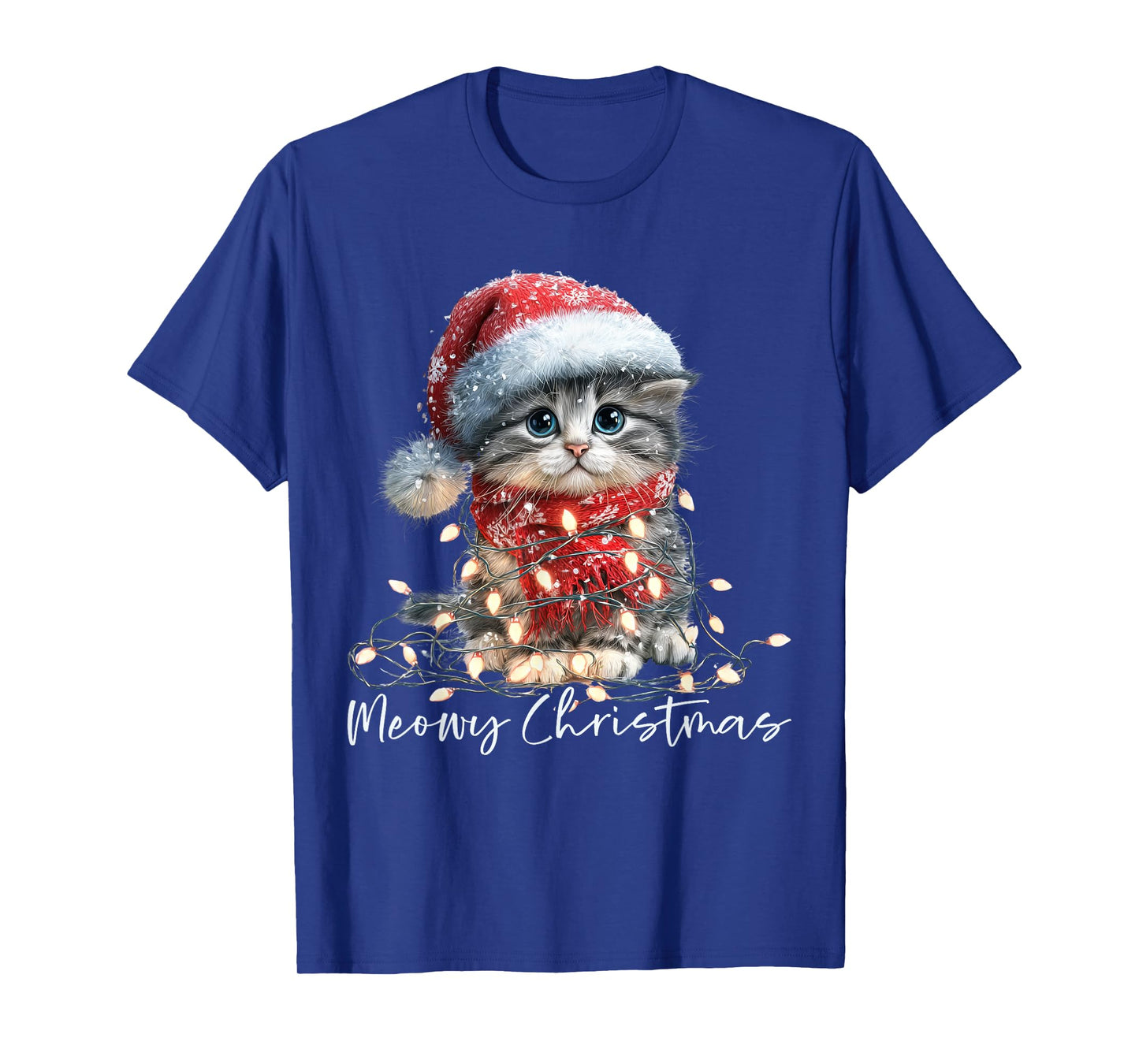 Meowy Christmas Black Cat Lights Santa Hat Funny Holiday T-Shirt