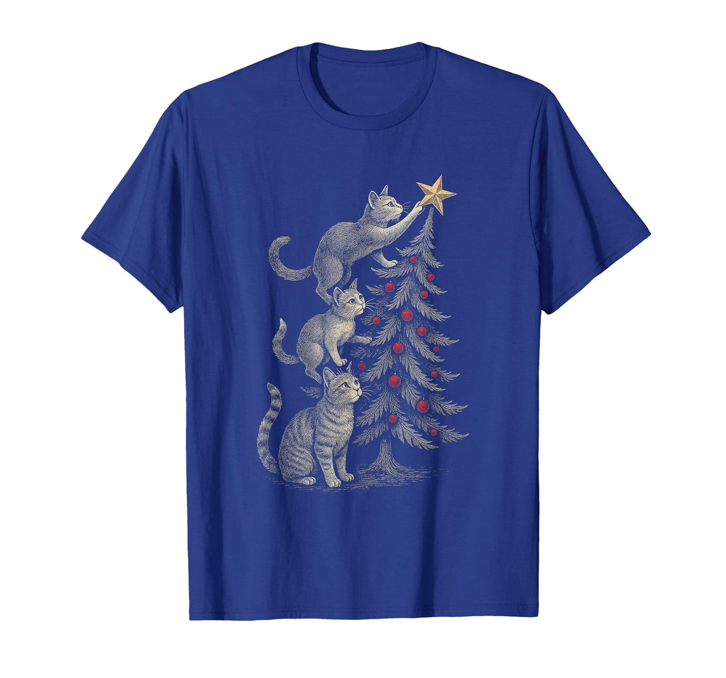 Cute Vintage Cats Putting Star on Tree Christmas Cat T-Shirt