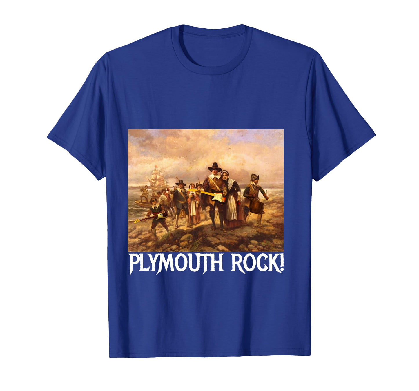 Plymouth Rock! Thanksgiving Pilgrims Rocking Guitars & Drum Long Sleeve T-Shirt