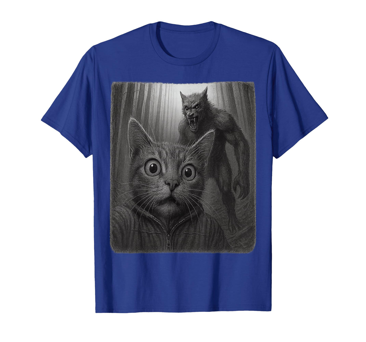 Funny Scared Cat Taking A Selfie with Cryptid Wolfman T-Shirt