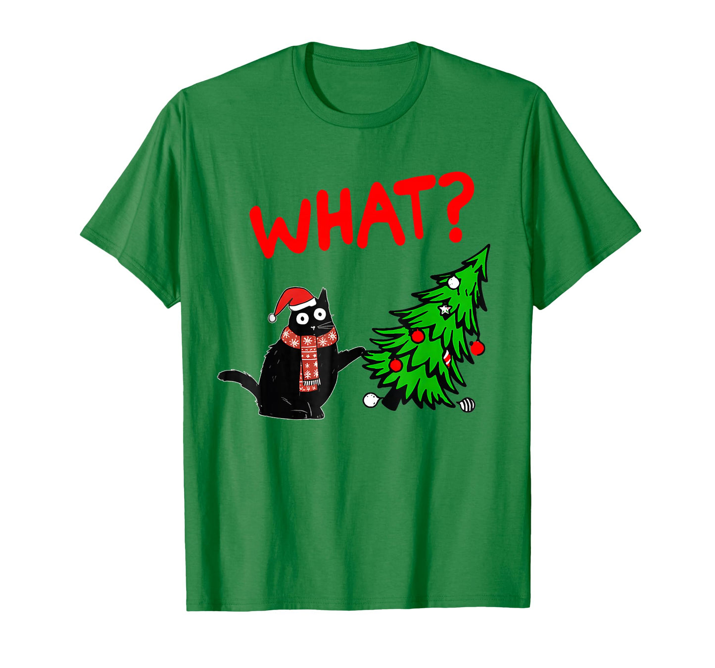 Funny Black Cat Gift Pushing Christmas Tree Over Cat What? T-Shirt