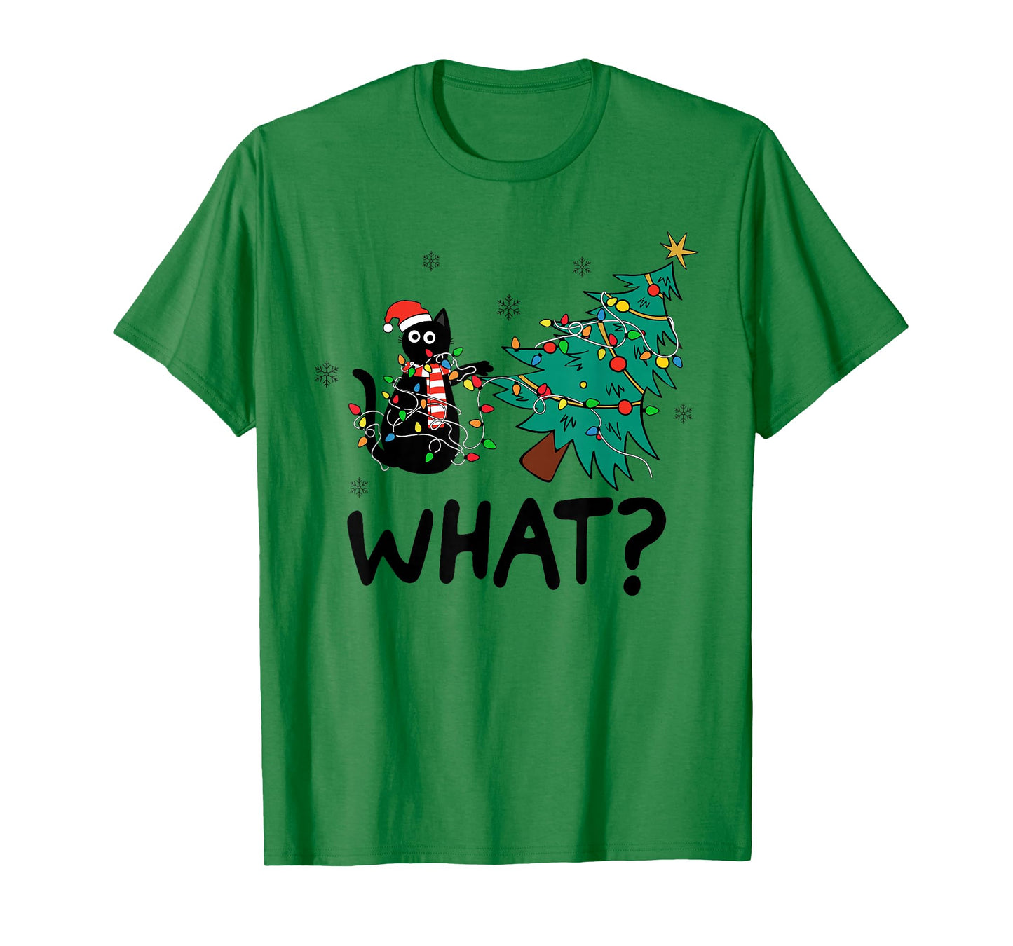 Funny Black Cat Gift Pushing Christmas Tree Over Cat What? T-Shirt