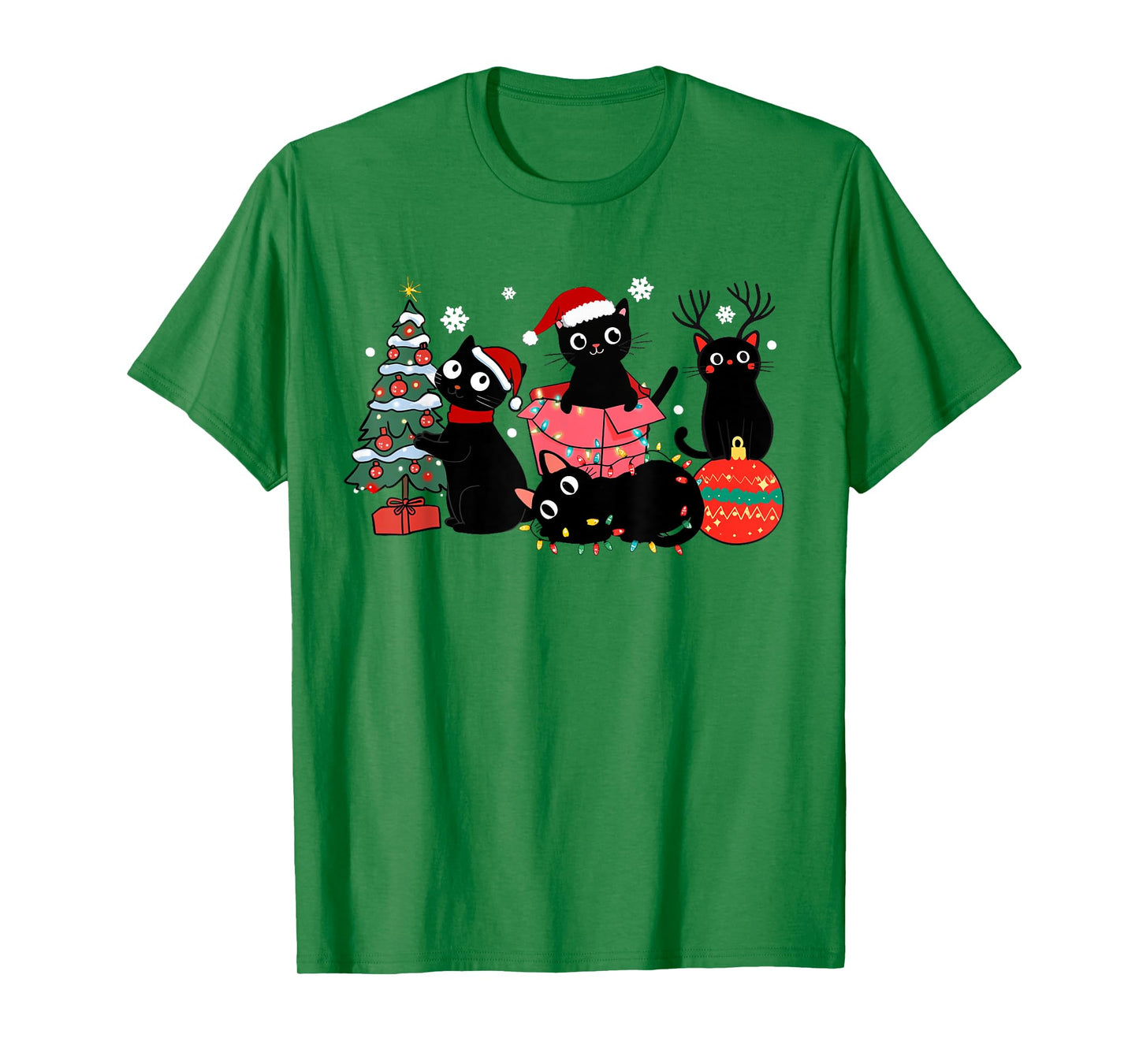 Meowy Christmas Black Cats Play Christmas Tree Lights Cats T-Shirt