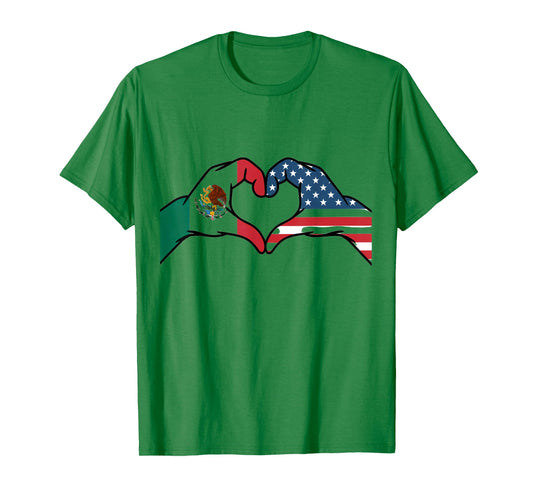 Mexican American Flag Print Heart Hands Love Mexico USA T-Shirt