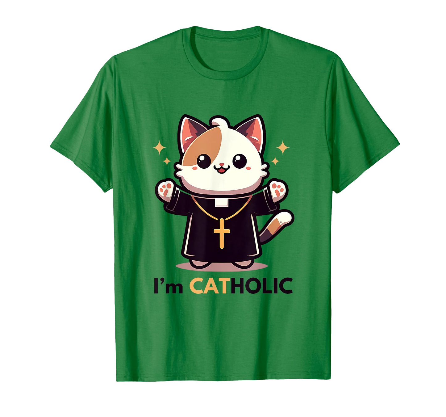 Cat-holic. Funny Catholic. Cute Priest Cat with Cross Men Women Girls Kids T-Shirt