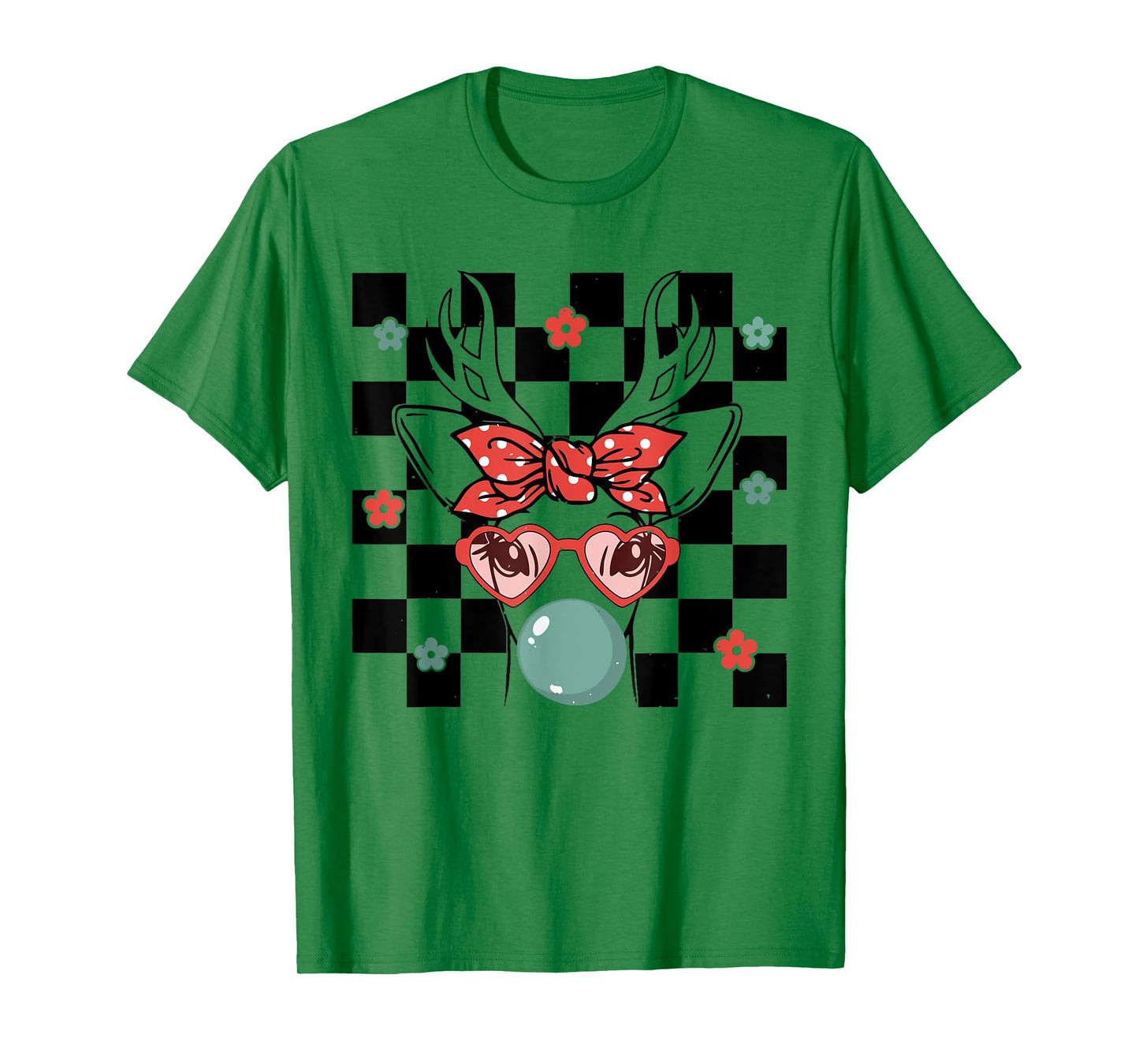 Cute Reindeer Wearing Glasses Bubblegum Checkered Christmas T-Shirt