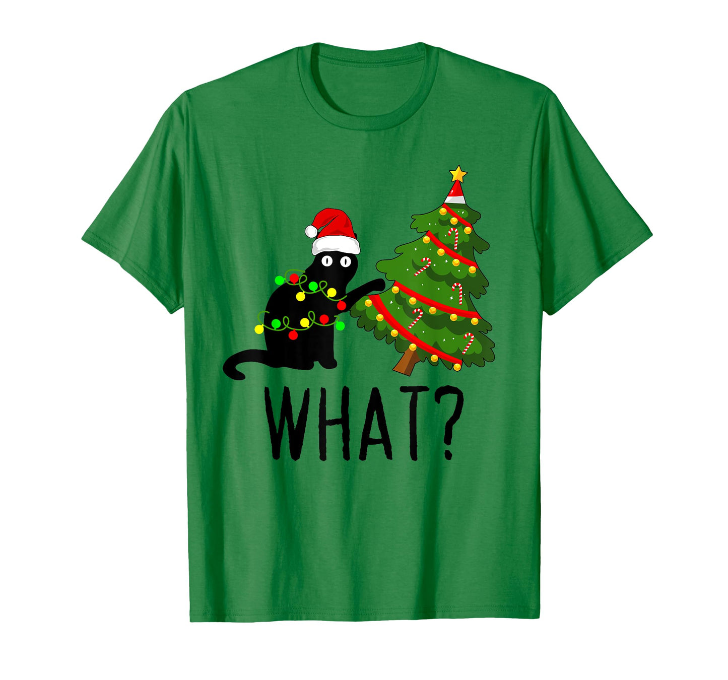 Black Cat Pushing Christmas Tree Over Cat What? Cat Shenanig T-Shirt for Men Women Kids