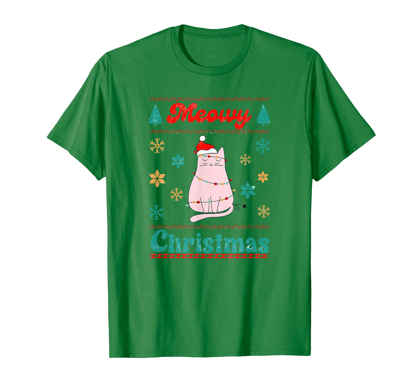 Meowy Catmas Christmas Cat in Santa Hat & Christmas Lights T-Shirt