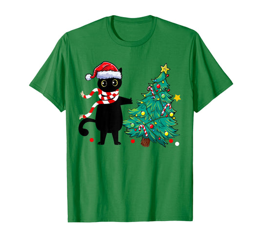 Christmas Cat for Women Men Family Funny Black Cat Tree T-Shirt
