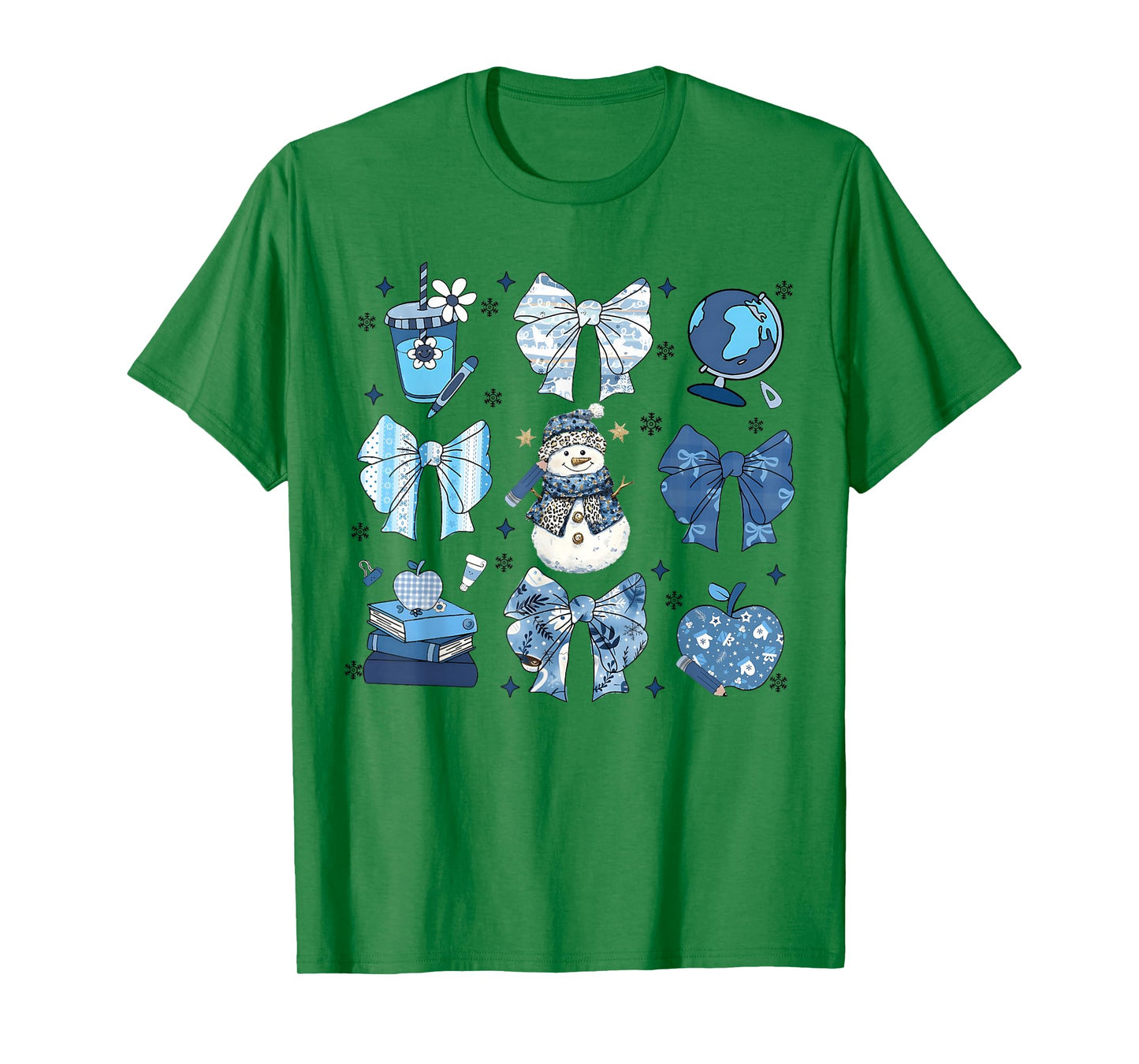 Snowman Teacher Winter Bows Classroom Cute Blue Aesthetic T-Shirt