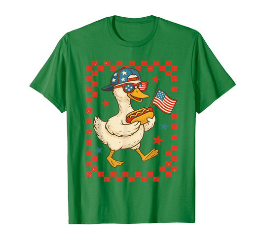 Patriotic Duck with Hot Dog and Flag Funny 4th of July USA T-Shirt for Men Women Girls Kids