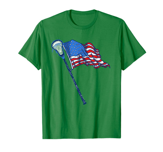 Retro USA American Flag Lacrosse Stick 80's Style T-Shirt