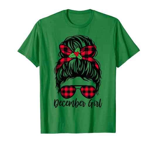 December Girl Messy Bun Buffalo Plaid Christmas Birthday T-Shirt