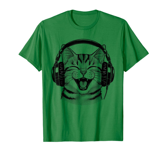 Cute Headphones Cat Funny Silly Music Cat Lover T-Shirt