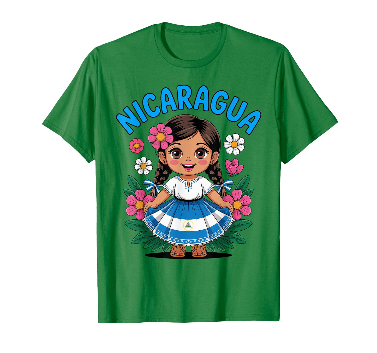 Cute Nicaragua Girl Traditional Dress with Flag Art for Kids T-Shirt