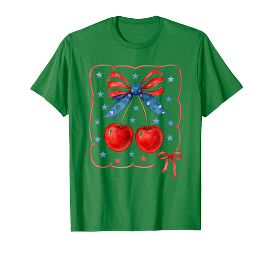 American Coquette Cherry Bow Patriotic USA Flag 4th Of July T-Shirt