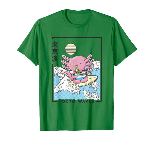 Axolotl Eating Ramen Japanese Waves Kids Kawaii Aesthetic T-Shirt