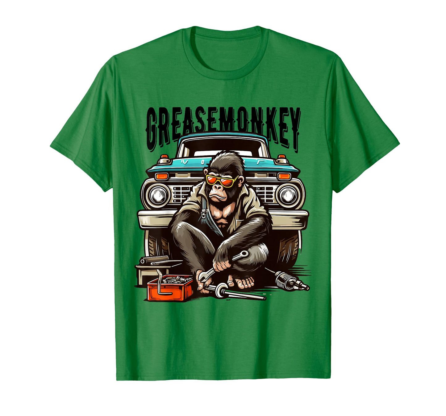 Cool Grease Monkey with Sunglasses Working on Vintage Truck T-Shirt