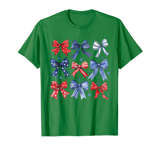 Womens 4th of July Coquette Bow Ribbon Red White and Blue T-Shirt