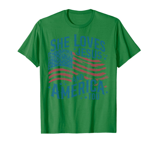 She Loves Jesus and America Too USA Flag 4th of July T-Shirt