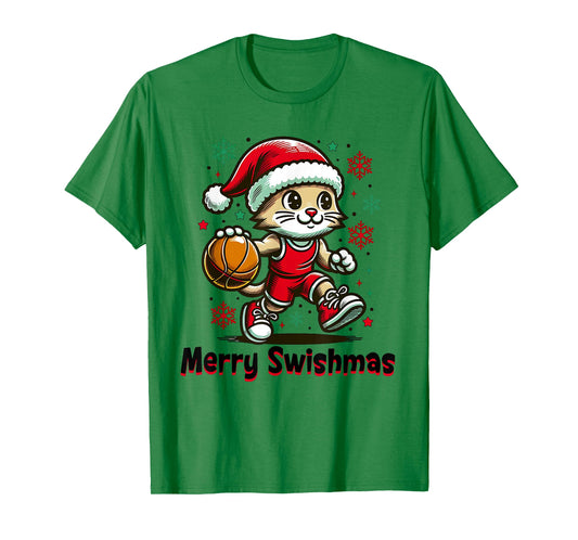 Christmas Basketball Merry Swishmas Funny Cat and Sports T-Shirt
