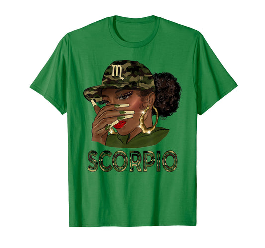 Scorpio Queen Black Girl With Cap Camo Afro Woman Zodiac T-Shirt