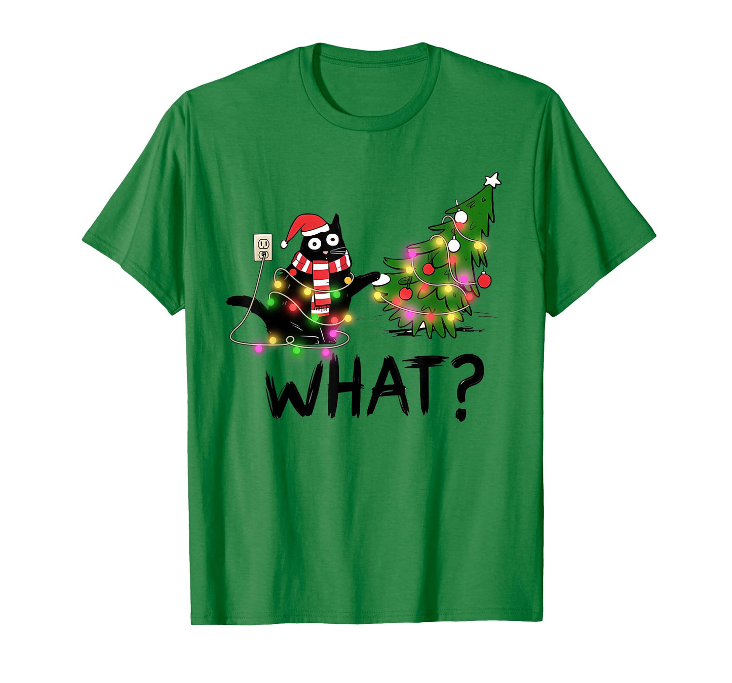 Funny Black Cat Gift Pushing Christmas Tree Over Cat What? T-Shirt