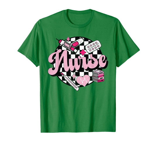 Checkered Retro Nurse School For Women Nursing Groovy Nurse T-Shirt