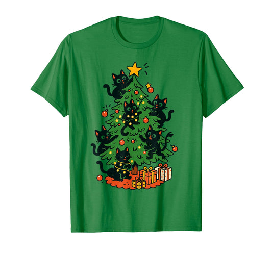 Christmas Black Cats Climbing Tree Funny Holiday Lights T-Shirt