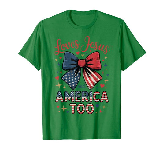 Toddler She Loves Jesus And America Too 4th July Bow Girl T-Shirt