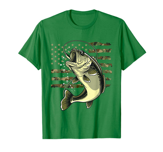 Bass Fish Fishing USA American Flag Camouflage Fisherman T-Shirt