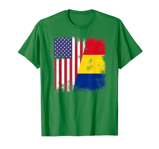 Half Romanian Flag T-Shirt | Vintage Romania USA Gift