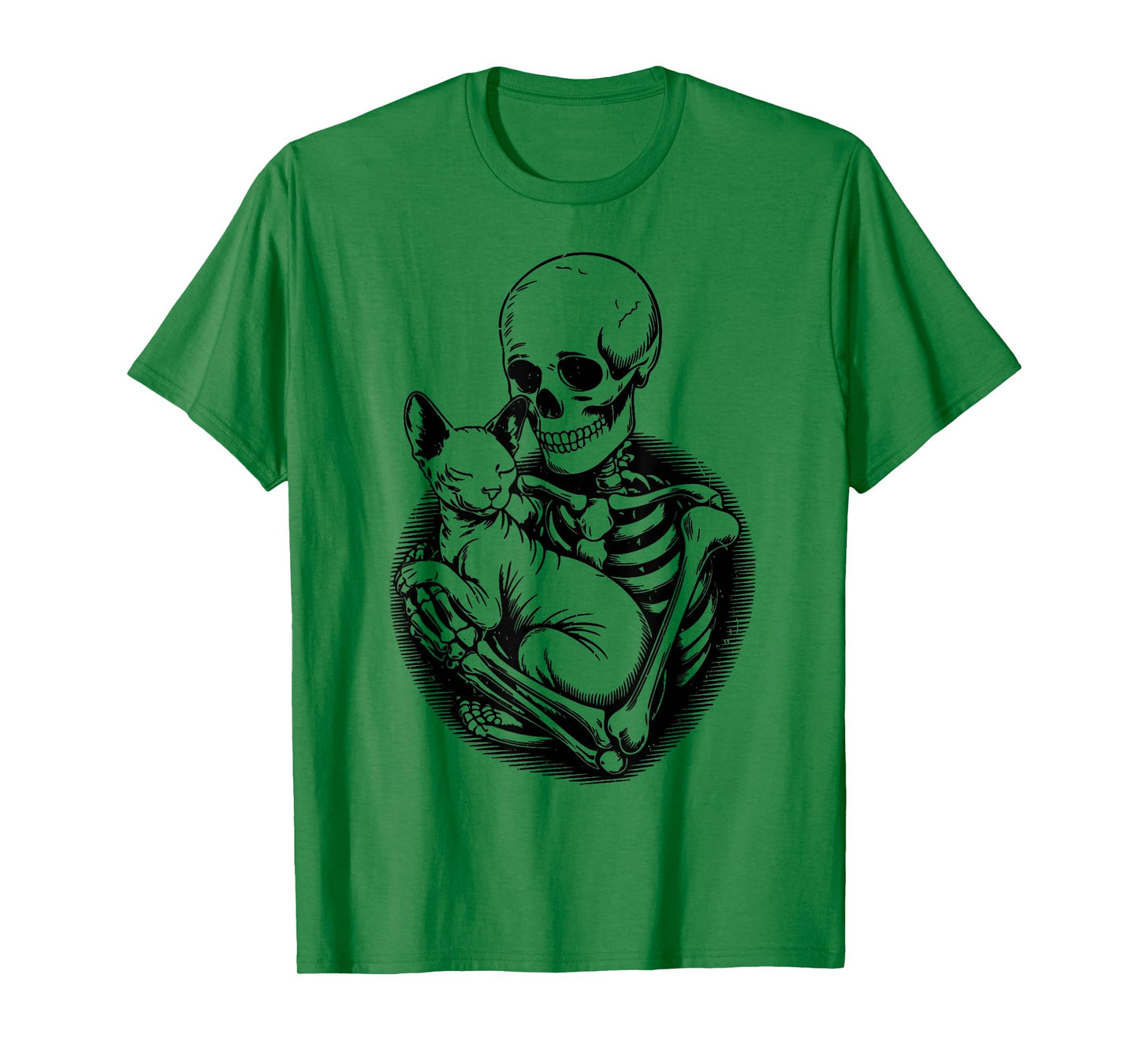 Skeleton Hugging Sphynx Cat Halloween Funny Mom Dad Vintage T-Shirt