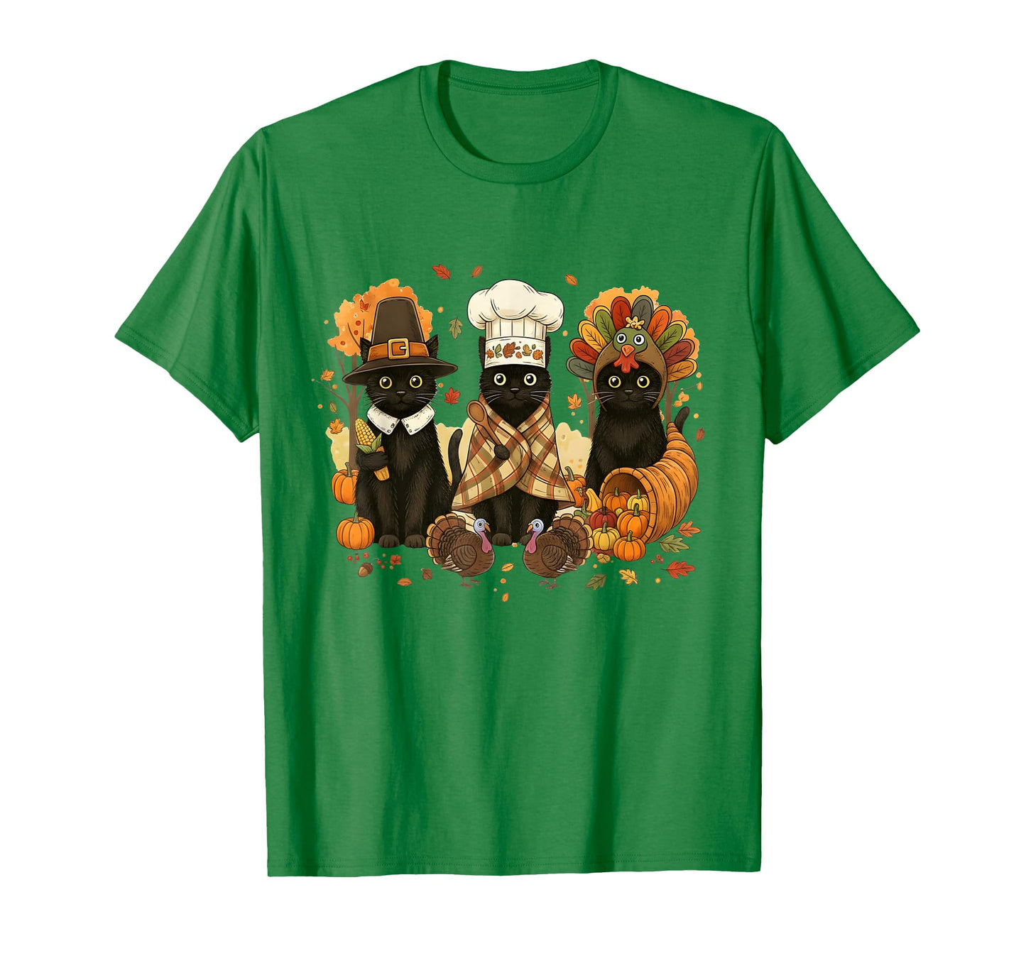 Retro Black Cat Cute Fall Turkey Thanksgiving Women Men Kids T-Shirt