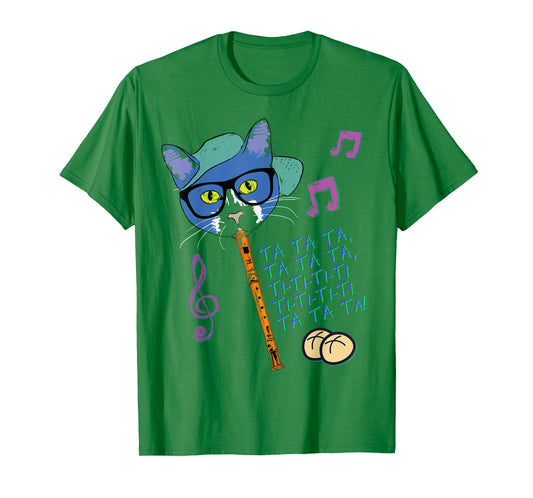 Cool Cat Playing Hot Cross Buns on Recorder Funny Elementary T-Shirt