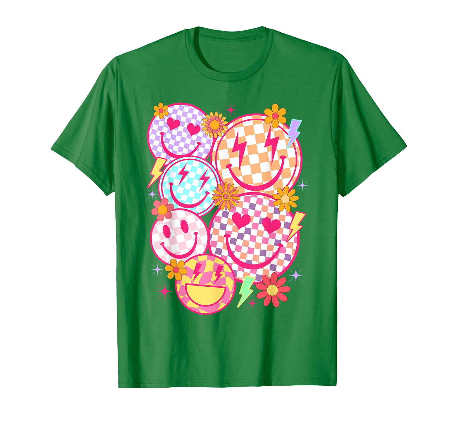 Retro Happy Face Checkered Pattern Smile Face Trendy Funny T-Shirt