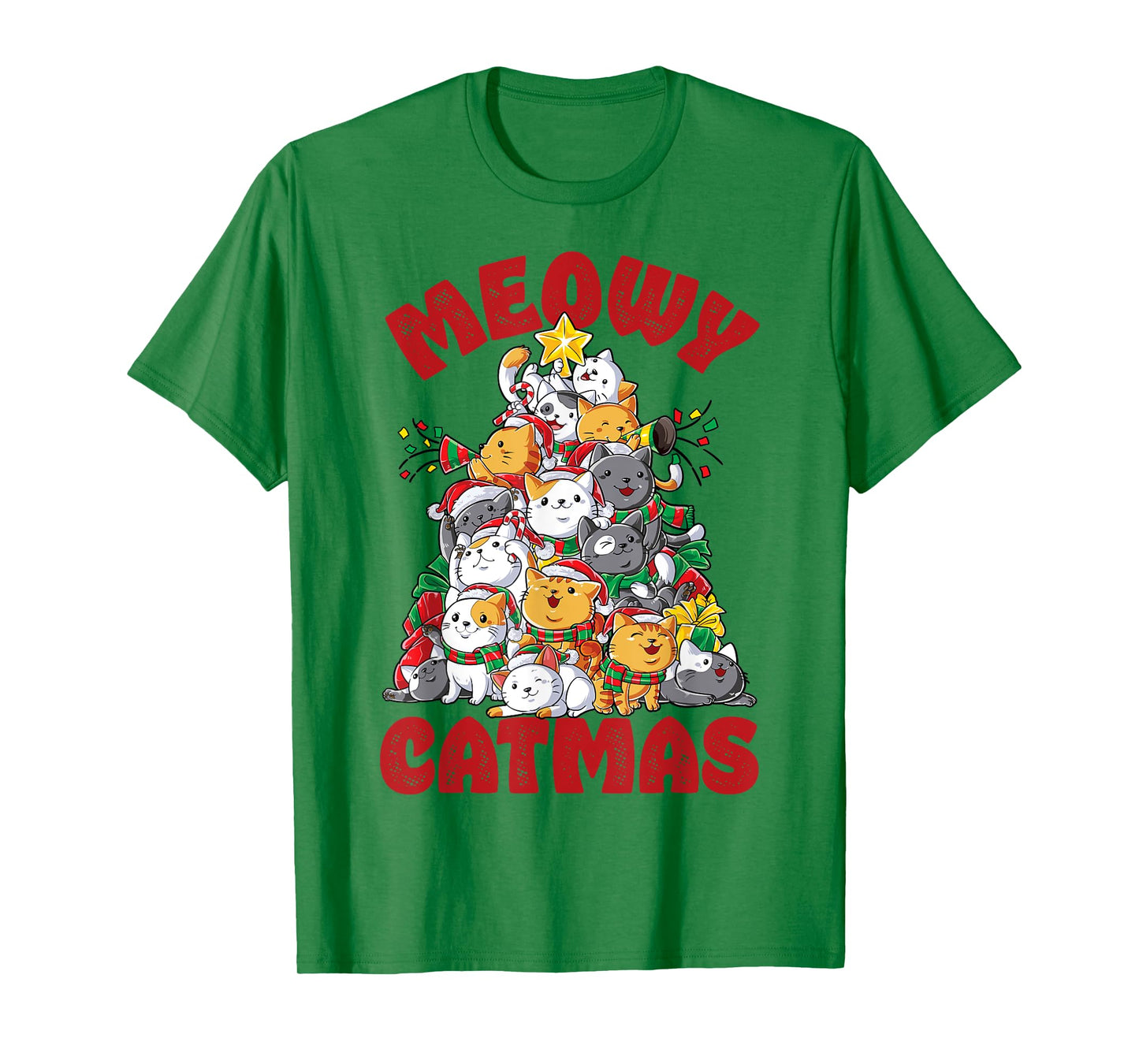 Meowy Catmas Cat Christmas Tree Xmas Girls Boys Funny Santa T-Shirt
