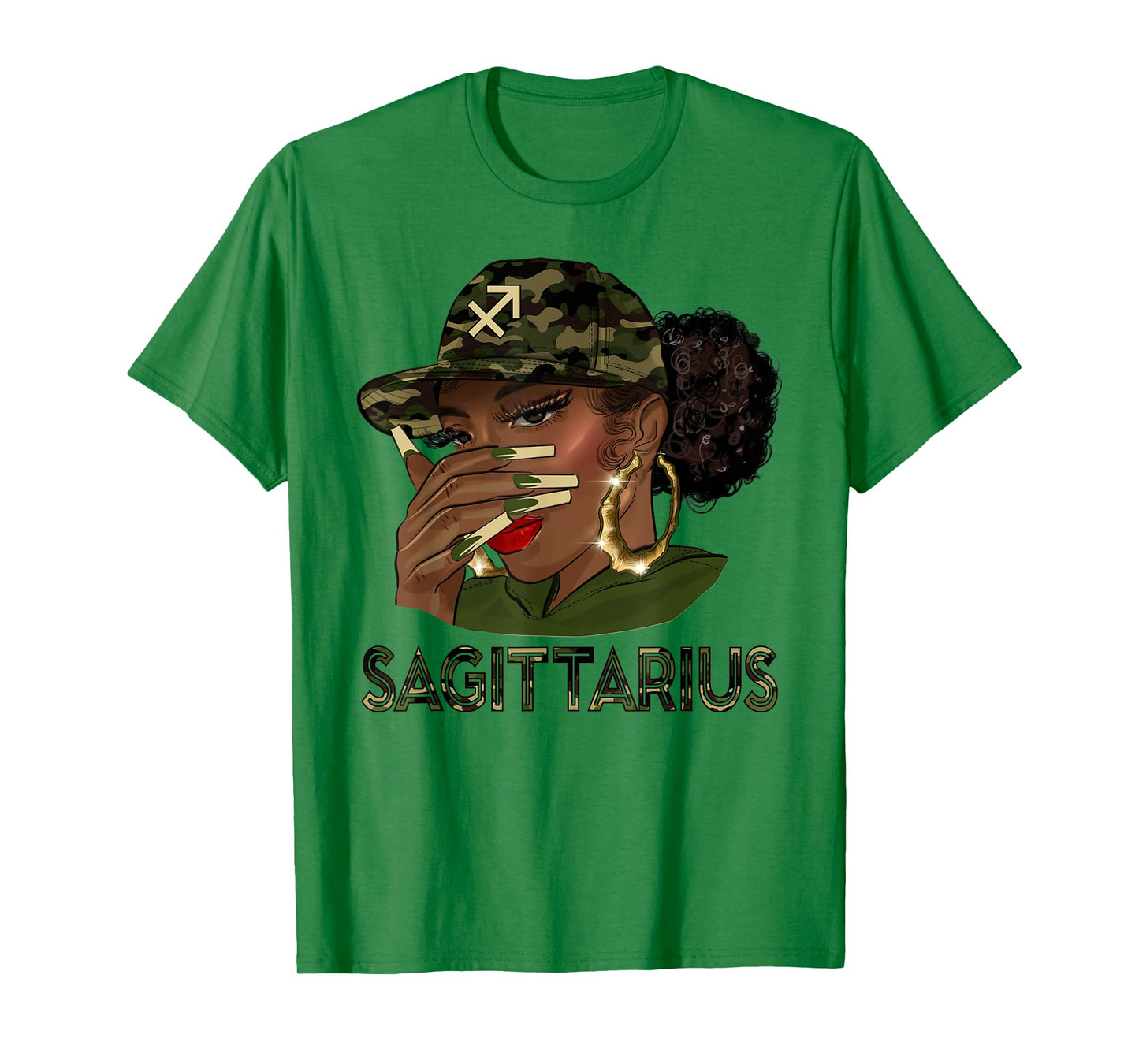 Sagittarius Queen Black Girl With Cap Camo Afro Woman Zodiac T-Shirt