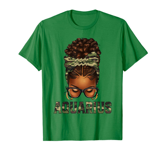 Afro Black Woman Messy Bun Camo Zodiac Aquarius Queen T-Shirt