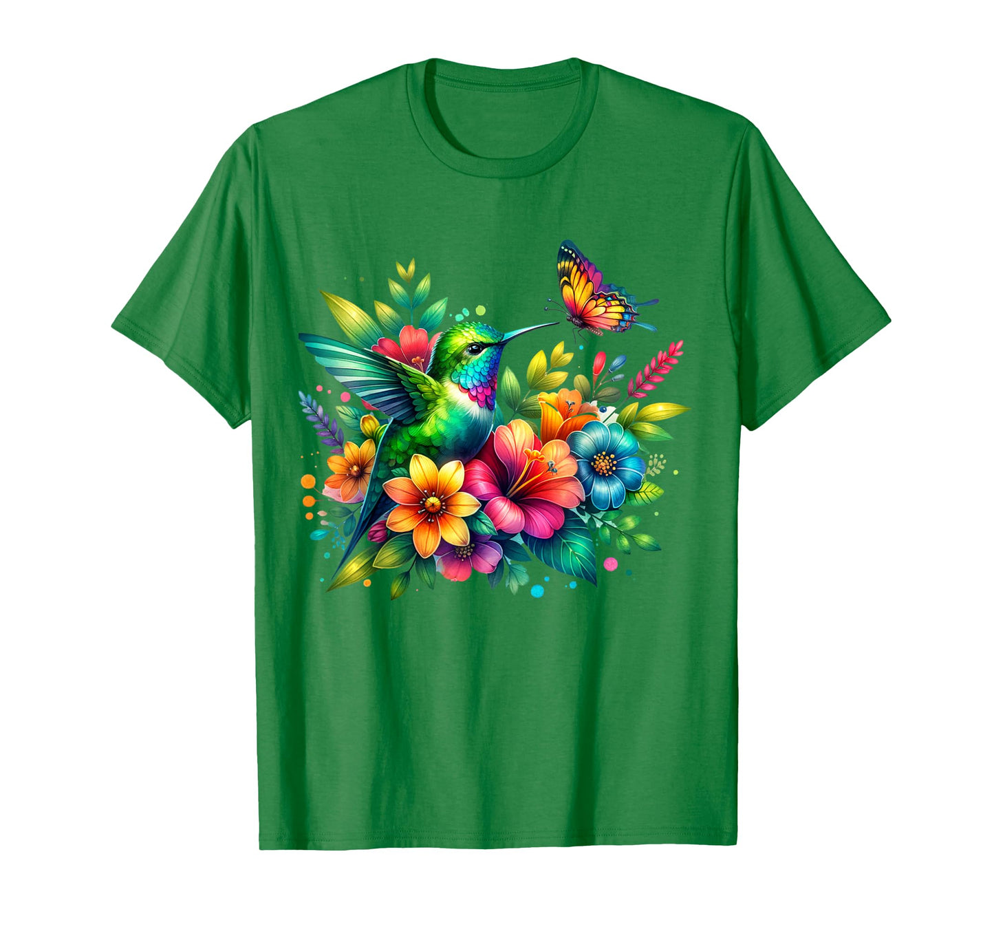 Floral Watercolor Hummingbird & Butterfly T-Shirt