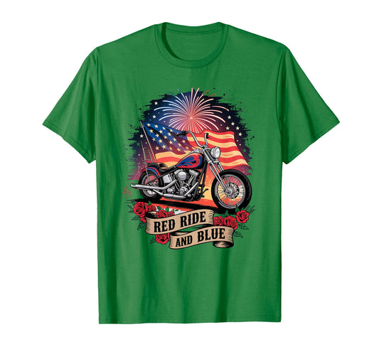 Red Ride & Blue Motorcycle Patriotic USA Biker American Flag T-Shirt