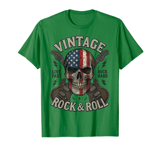 Vintage Rock Skull American Flag Guitar Retro Rock and Roll T-Shirt